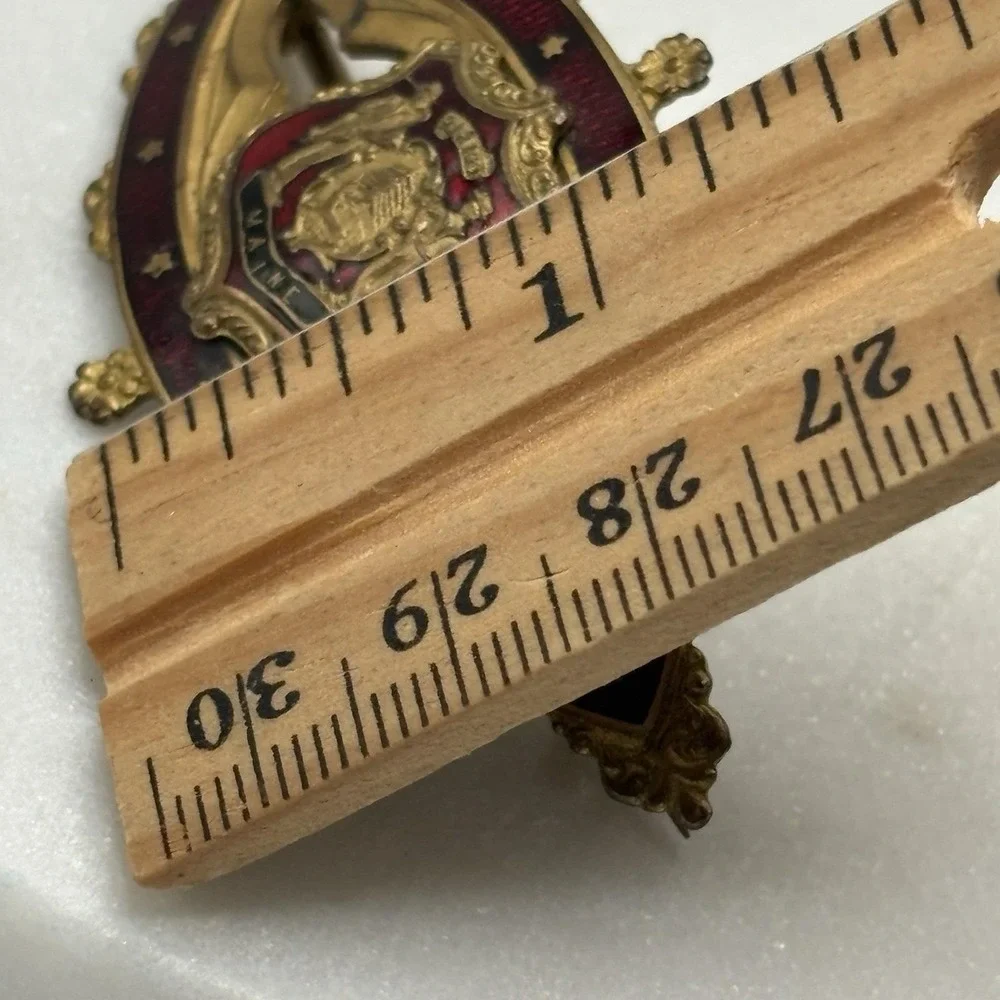 Antique Victorian Sash Pin Guilloche Enamel Pin Brooch Maine Coat of Arms